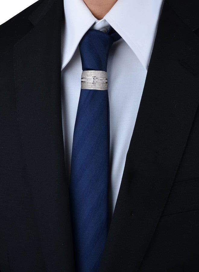 VVCome Men's Micro Pave Cubic Zirconia Tie Clips Tie Holder Crystal Necktie Ring Tie Tacks Accessories for Wedding Business (Silver Clear) - Image 2